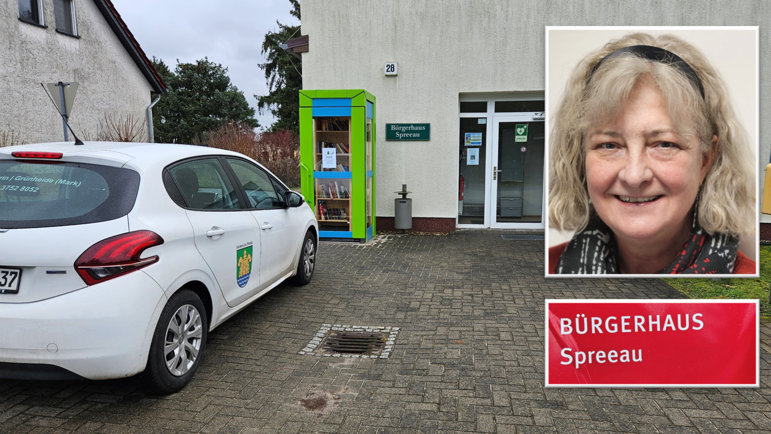 Wunsch-Objekt: Kerstin Wasmuth, Kümmerin von Grünheide, möchte im Bürgerhaus Spreewerder eine Begegnungsstätte für Senioren und Angehörige etablieren. Foto/Montage: Anke Beißer