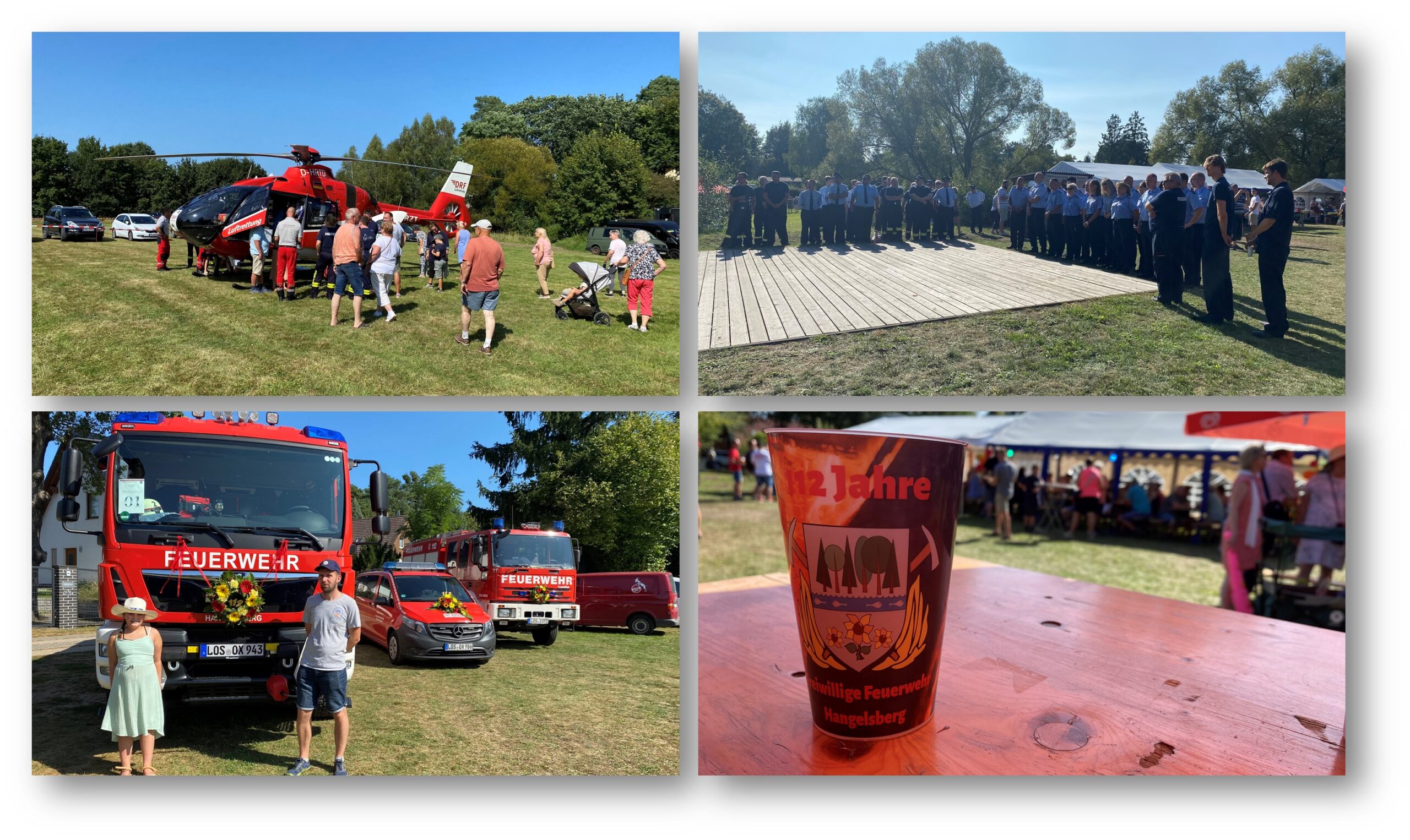 Impressionen vom Feuerwehrgeburtstag: Der Rettungshubschrauber war stets dicht umlagert. Kimberly Rinkau und ihr Papa Martin aus Hangelsberg (unten links) schauten sich an den Fahrzeugen um. Ehrungen haben bie der feuerwehr einen hohen Stellenwert und dürfen beim Fest nicht fehlen. Zur Feier des Tages gab eine Becher-Edition. Fotos: Juliane Wulf/Montage: Anke Beißer