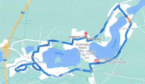Die 11 Kilometer lange Toru der Lichterfahrt. Screenshot: Anke Beißer/Quelle: Freiwillige Feuerwehr Grünheide