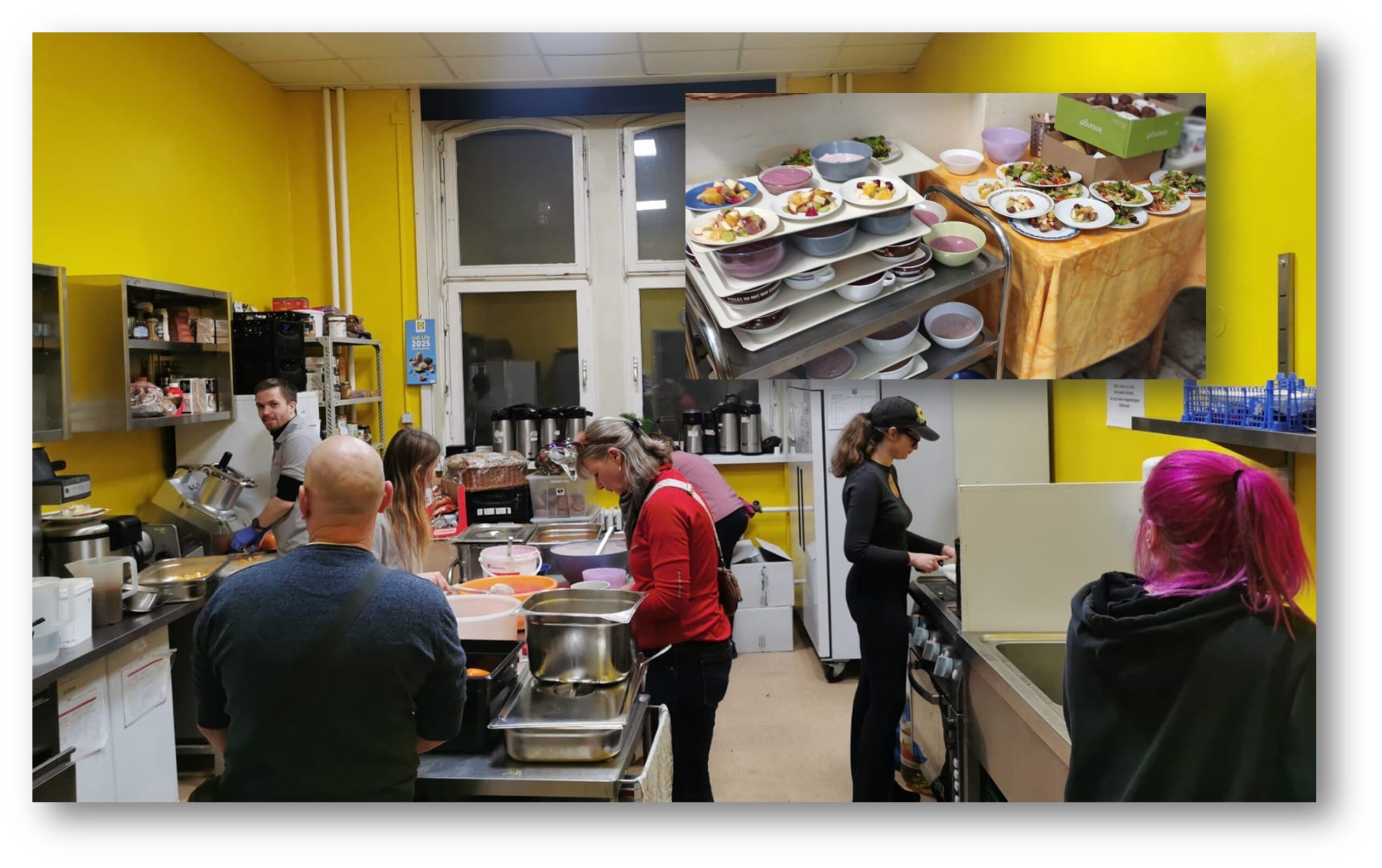 Vorbereitung in der Johanniter-Notunterkunft Kreuzberg: Freiwillige bereiten die Essenausgabe vor - auch von Sarah Korallus Aktion sind Zutaten dabei. Fotos: Sarah Korallus/Montage: Anke Beißer