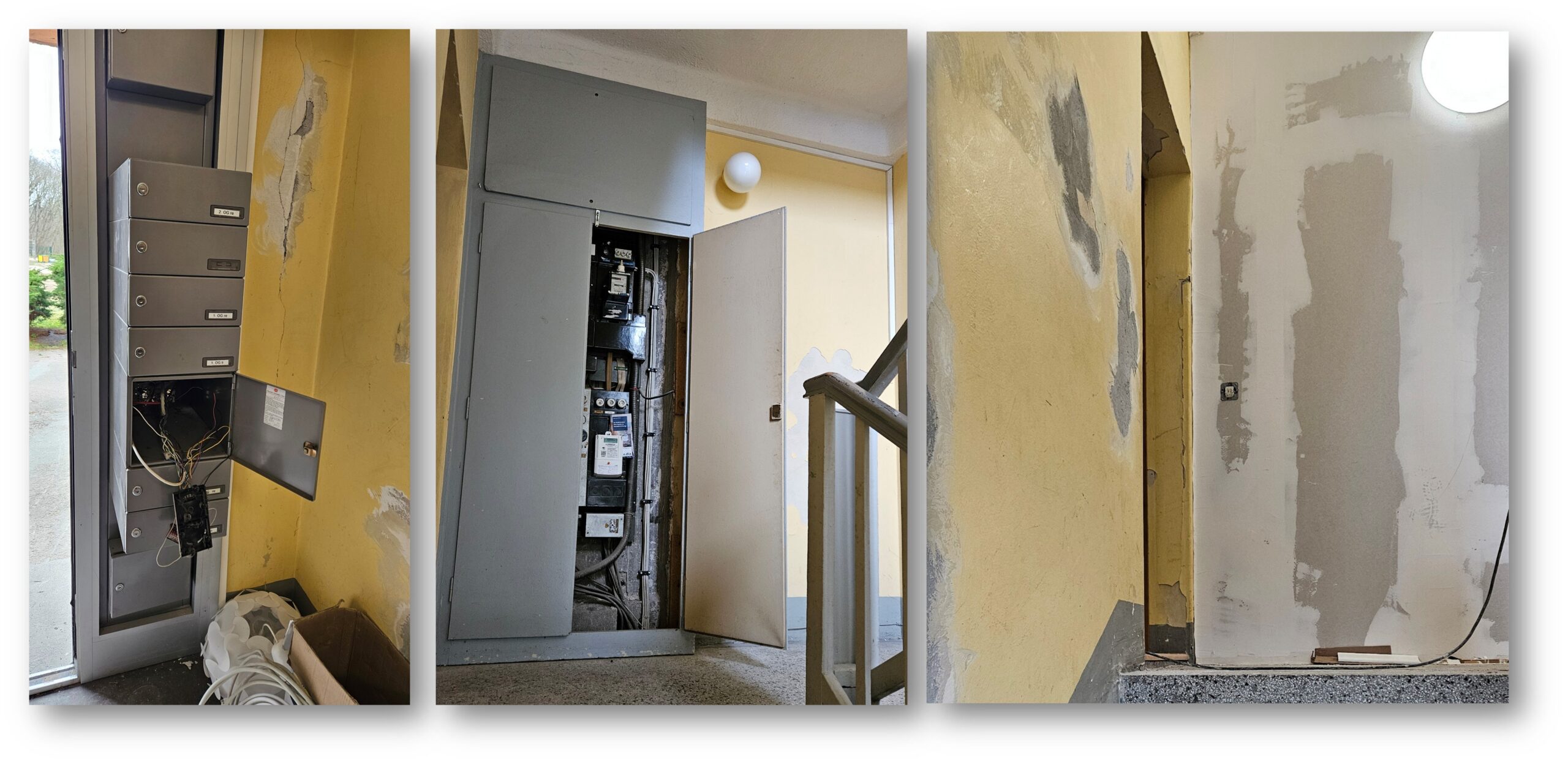Neues Antlitz: In den Hausfluren verschwinden die Schaltschränke (Mitte), die Schließanlage (links) wird erneuert. Foto/Montage: Anke Beißer