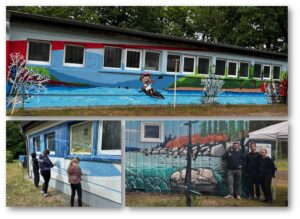 Kreatives Projekt: Die Jugendkoordinatoren haben mit Jugendlichen aus Grünheide und dem Künstler Daniel Liedtke (Foto rechts unten, links) die Kanu-Basis im Olympischen und Paralympischen Trainingszentrum Kienbaum gestaltet. Fotos: Pauline Thiel (2), Felix Jahnke/Montage: Anke Beißer