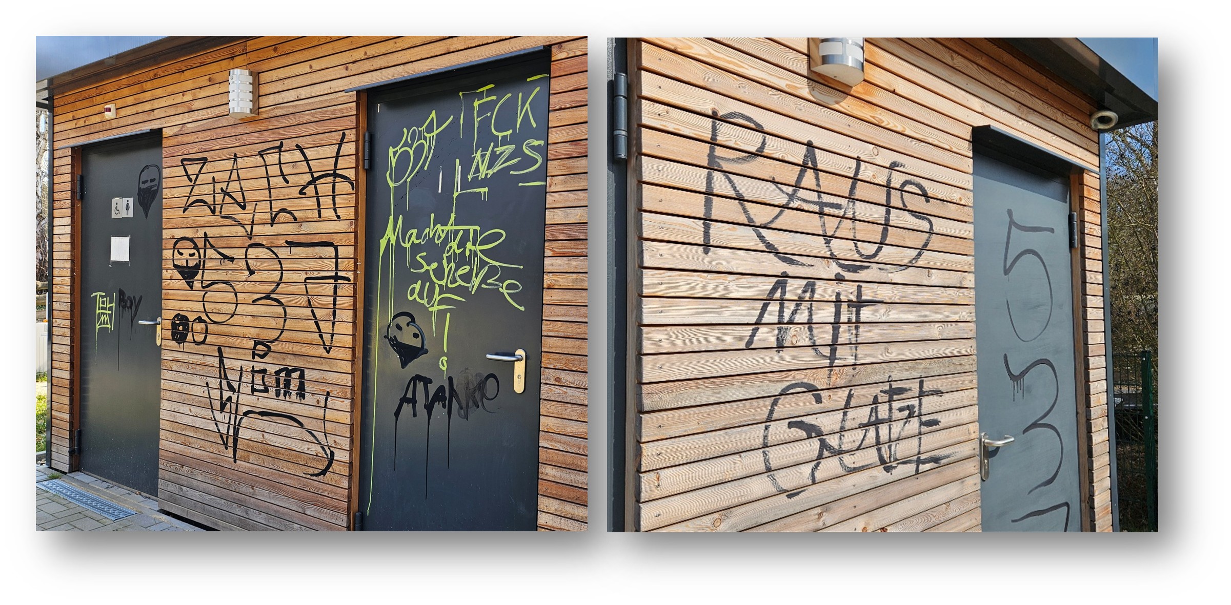 Von hinten wie von vorn: Nicht nur die Toilettenseite (linkes Foto) des Pavillons am Peetzsee-Sandstrand wurde über den Winter verschandelt, sondern auch die Front an der Terrasse der Rettungsschwimmer. Fotos/Montage: Anke Beißer