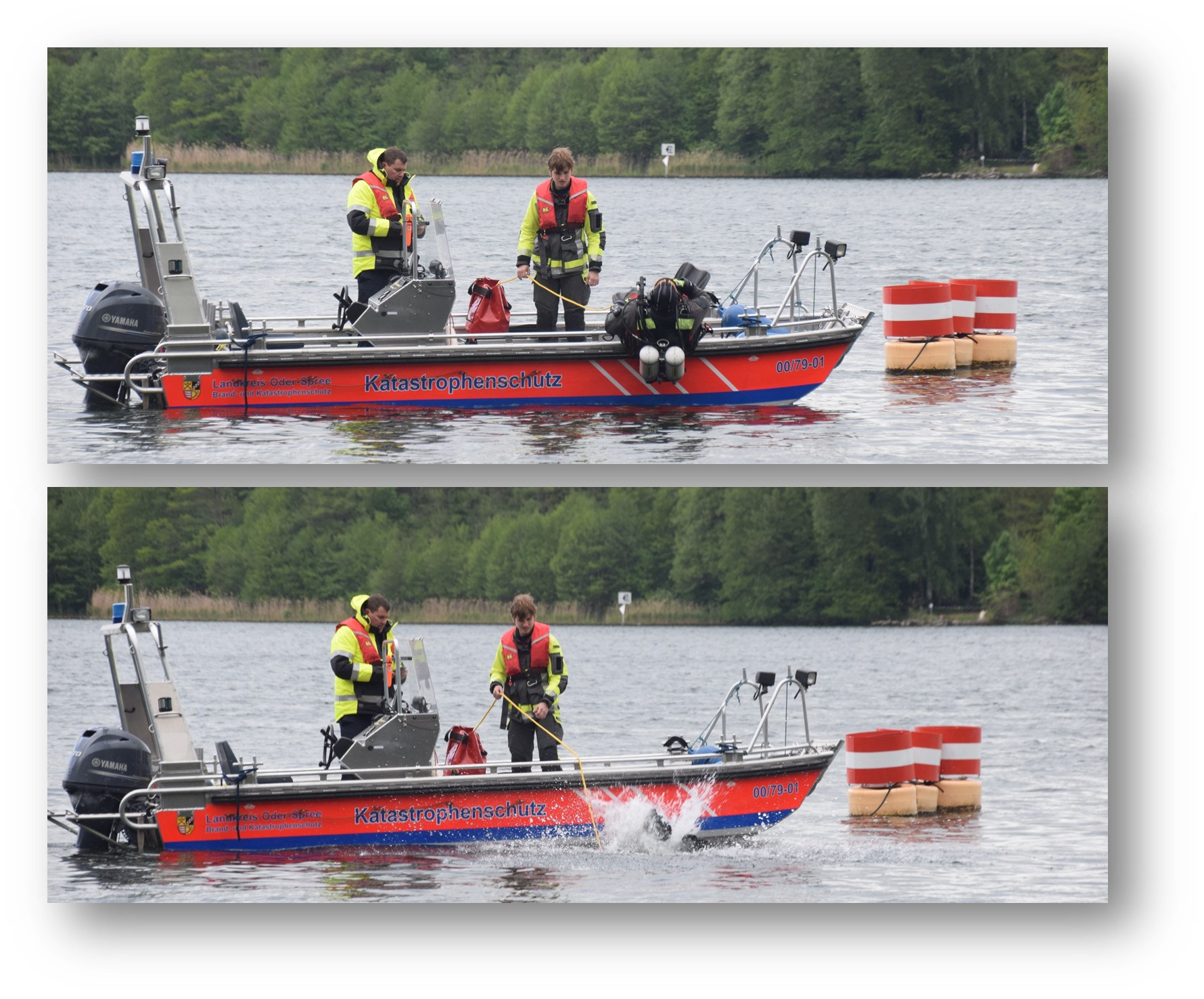 Ab ins 16 Grad kalte Wasser: Taucher Norman John macht sich am Eichbrand (Werlsee-Süd) auf die Suche nach den Betonquadern, die als Verankerung in etwa 3,5 Metern Tiefe auf dem Gewässergrund liegen. Er wird von seinen Kameraden Christian Heinze und Wayne Politz (von links) gesichert. Fotos/Montage: Anke Beißer