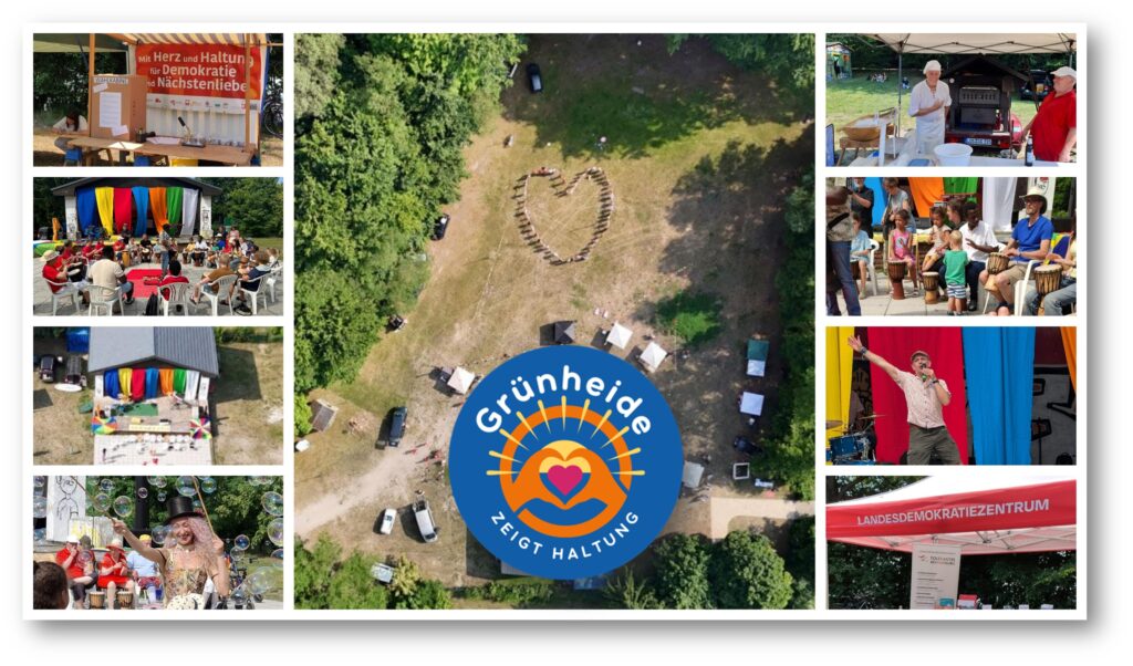 Grünheide zeigt Haltung: Auf der Festwiese am Werlsee wurde am Sonntag (15. Juni) nach der Premiere im Vorjahr zum zweiten Mal ein Fest der Demokratie gefeiert. Collage: Albrecht Köhler/Anke Beißer