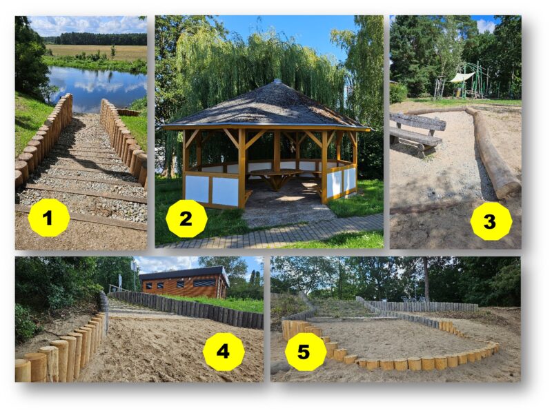 Schön hergerichtet: Das Ordnungsamt hat mehrere Problemstellen beseitigen lassen - so den Spree-Zugang neben dem Spree-Curry (1), die Badestelle Unsal (2, beide Hangelsberg), den Pavillon in der Werlseestraße (2) sowie die beiden Zugänge zum Peetzsee-Strand (4 und 5, alle Grünheide). Fotos/Montage: Anke Beißer