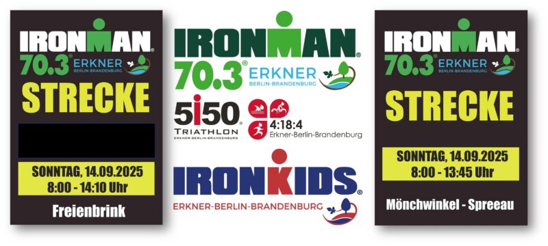 Vorboten des Wettkampf-Wochenendes: Die Plakate entlang der Wettkampfstrecke für den Ironman 70.3 Erkner weisen die Sperrzeiten in den einzelnen Abschnitten aus. Fotos/Montage: Anke Beißer