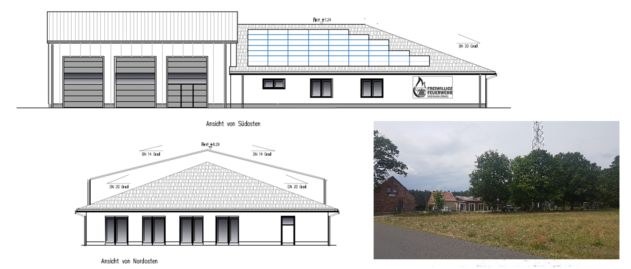So soll es aussehen: Gerätehaus Neu-Mönchwinkel: Die Entwürfe vom Ingenieurbüro Frank Seidel (Neuenhagen) können nun in die Tat umgesetzt werden. Foto/Montage: Anke Beißer (GiB-Archiv)