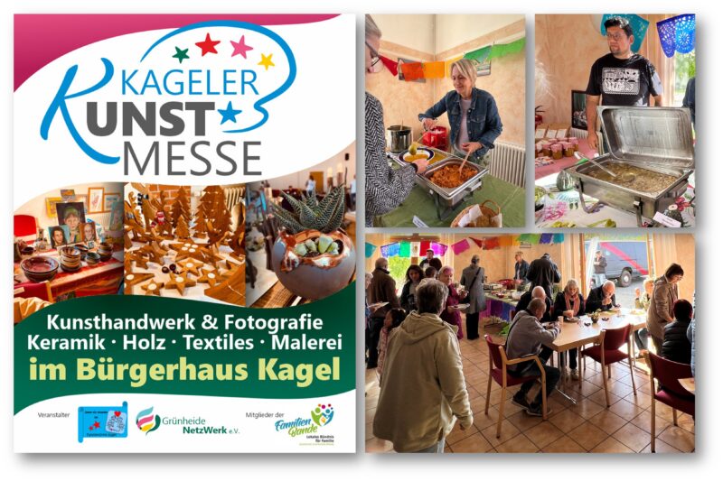 Einladung ins Bürgerhaus: GrünheideNetzWerk und Familienzirkel laden ans reich gedeckte Buffet und zur Kunstmesse ein. 2024 trafen unter anderem Carlos Flores Rodríguez und Eva Mohn (Fotos oben von rechts) den Geschmack der Gäste. Fotos: Stefanie Richter/Montage: Anke Beißer