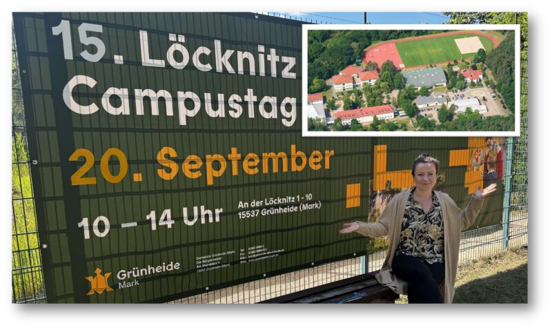 Einladung zum Campustag: Pauline Thiel, die Grünheider Koordinatorin vom lokalen Bündnis für Familie, wird die Besucher am 20. September als Moderatorin durch den Tag der offenen Tür begleiten. Fotos: Inga Haustein, Boris Heiland (Luftaufnahme)/Montage: Anke Beißer
