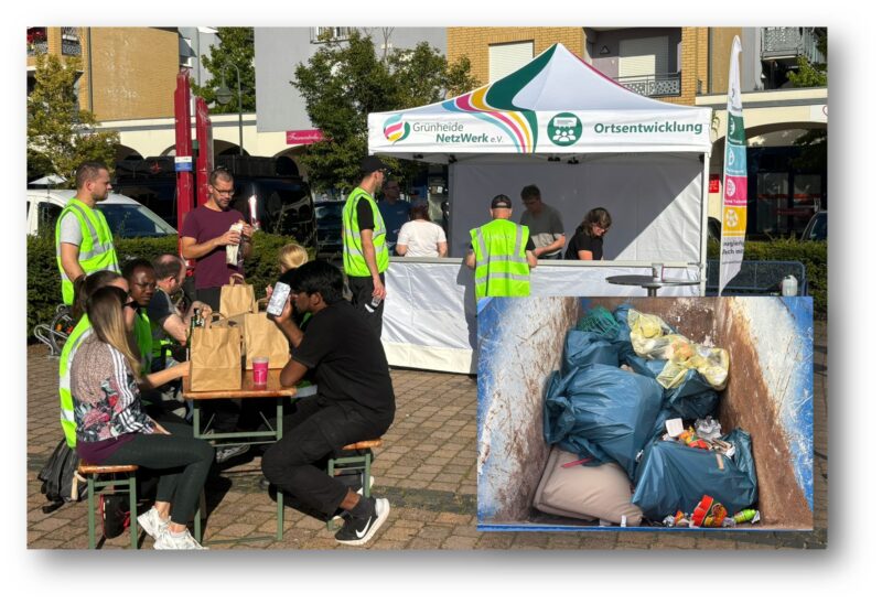 Warmup für Cleanup: Am Freitag haben sich die Sammler schon mal auf dem Marktplatz getroffen, um sich für ihre Müll-Aktion am Wochenende zu stärken. Fotos: Brit Oswald/Montage: Anke Beißer