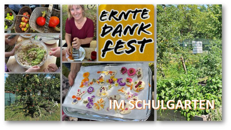 Reiche Ernte: Der Schulgarten auf dem Löcknitzcampus hat viele Früchte hervorgebracht – die wurden beim Erntefest bewundert, mit Hilfe von Eltern - wie hier Silke Morgener - zubereitet und vernascht. Fotos: Pauline Thiel (5), Anke Beißer/Montage Anke Beißer