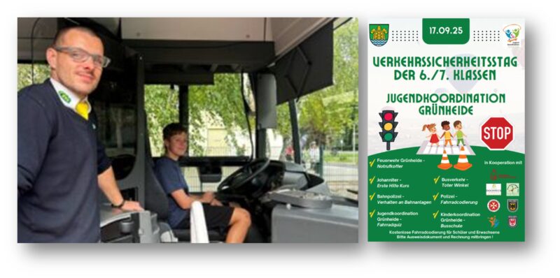 Was ist eigentlich der „tote Winkel“ und wie kann ich ihn sehen?: Elias Rieger erfährt unter Anleitung von Christopher Seeck, was ein Busfahrer zu beachten hat. Foto: Ymain Herzog