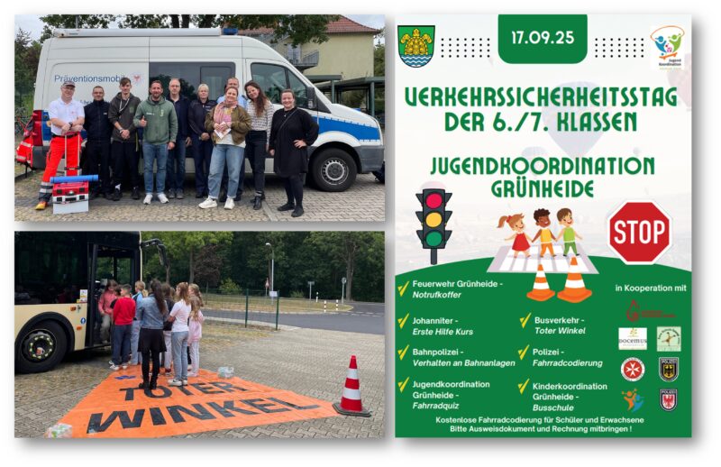 Großes Team: In Kooperation vieler Partner veranstaltet die Jugendkoordination von Grünheide am 17. September wie in den Vorjahren für die 6. und 7. Klassen auf dem Löcknitzcampus den traditionellen Verkehrssicherheitstag. Fotos: Karin Meinharth/Montage: Anke Beißer
