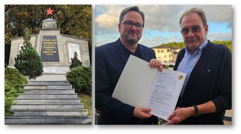 Sanierung des Sowjetischen Ehrenmals gesichert: Vize-Landrat Sascha Gehm (links) hat am Donnerstag (30. Oktober) an Bürgermeister Arne Christiani den Bewilligungsbescheid für die Fördermittel übergeben. Fotos/Montage: Anke Beißer