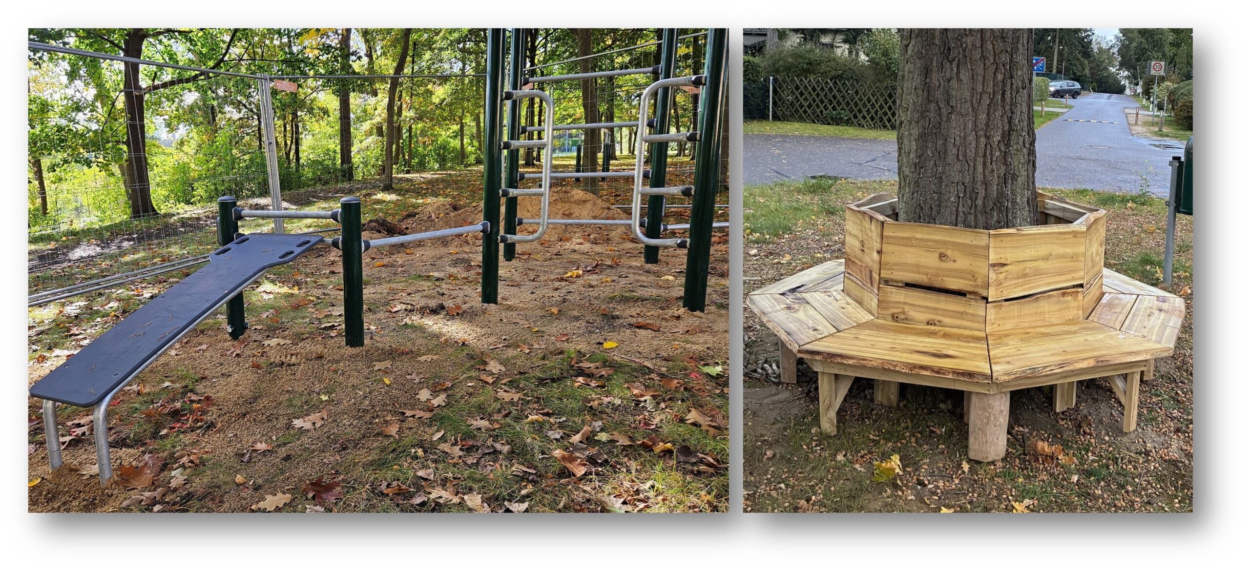 Wünsche erfüllt: Die Fitness-Geräte in Hangelsberg nahe der Spree sind wie die hölzerne Bank in der Grünheider Waldsiedlung aus dem jeweiligen Ortsteilbudget angeschafft worden. Fotos: Anke Beißer, Katrin Erfurth/Montage: Anke Beißer