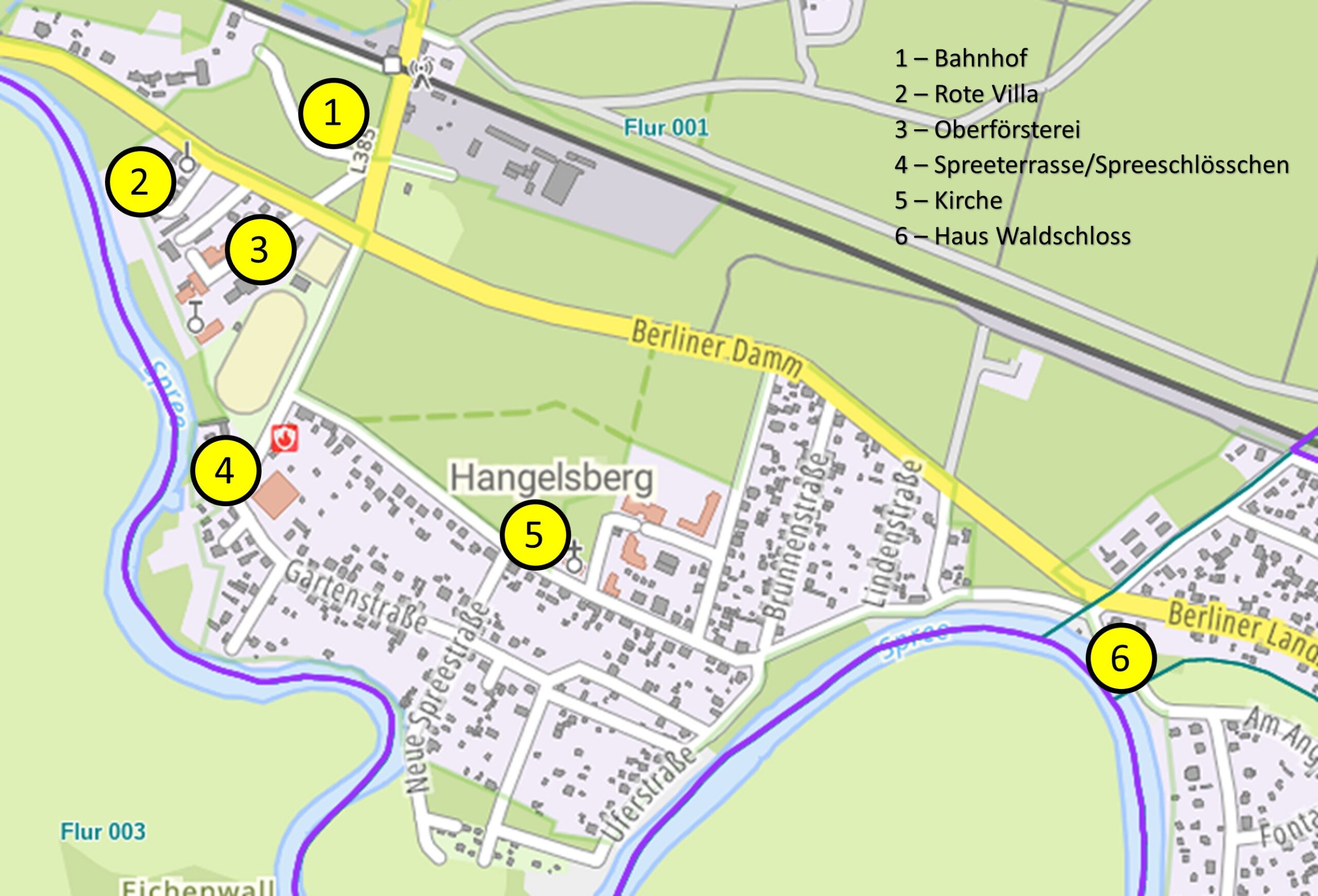 Rundweg durch Hangelsberg: Die historischen Orte in Hangelsberg lassen sich auf einem rund 3,5 Kilometer langen Spaziergang erkunden. Grafik: Anke Beißer (Quelle Karte: Brandenburg Viewer)