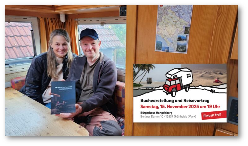 Abenteuer hoch vier: Magdalena und Jan Knorns aus Mönchwinkel sind im Sommer 2020 mit ihren zwei Kindern auf zweijährige Reise gegangen. In ihrem Buch und bei einem Vortrag im Bürgerhaus Hangelsberg erzählen sie von ihren Erlebnissen. Foto/Montage: Anke Beißer