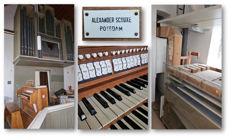In die Jahre gekommen: Die Schuke-Orgel in der Kirche „Zum guten Hirten“ hat hörbar Reparaturbedarf. Der Blasebalg (rechts) ist undicht, das Werk ist verstimmt, eine grundlegende Reinigung tut Not. Fotos/Montage: Anke Beißer
