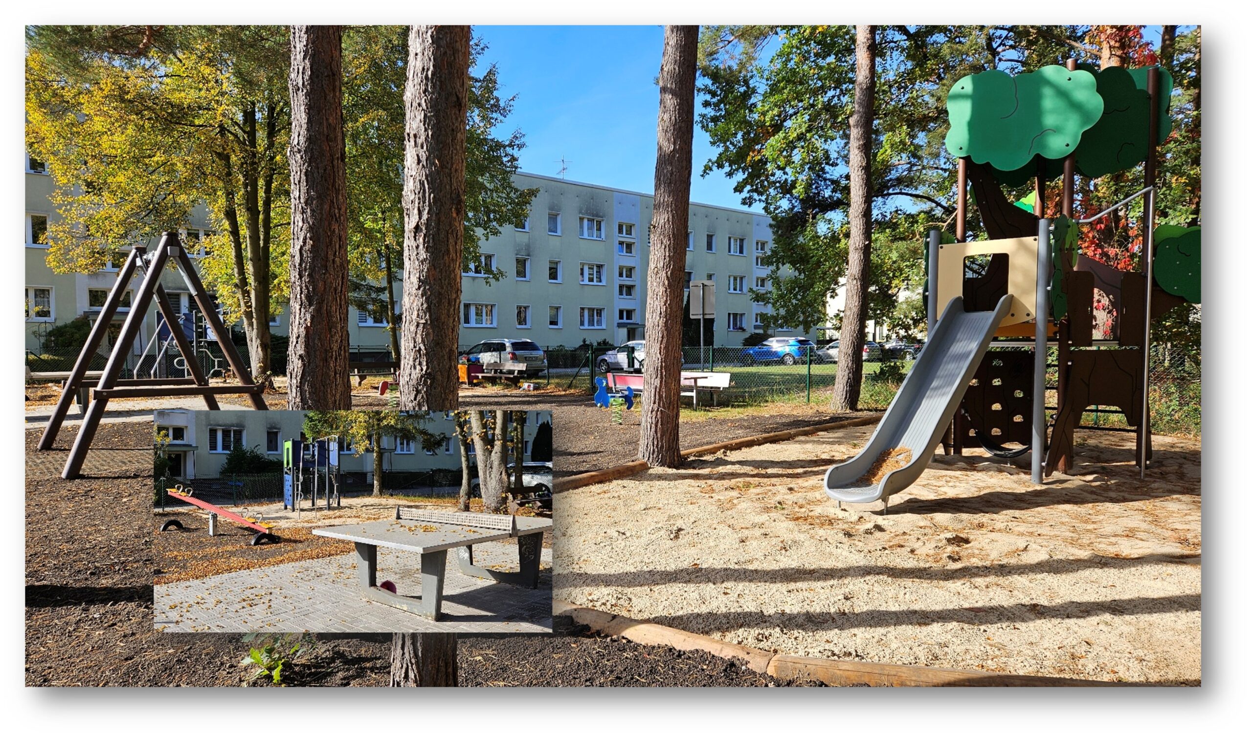 Schick geworden: Der neu gestaltete Spielplatz in Freienbrink kann seit Kurzem von den Kindern erobert werden. Fotos/Montage: Anke Beißer