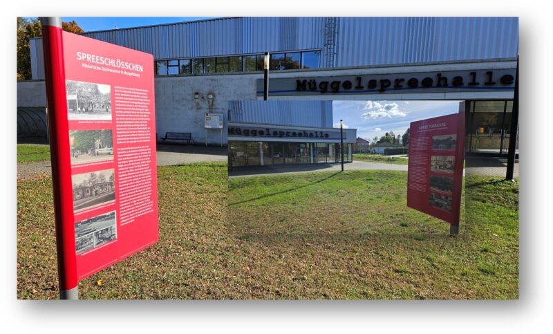 Das Dutzend ist voll: Die 12. Tafel im Touristischen Leitsystem steht vor der Müggelspreehalle kennzeichnet nächsten historischen Ort in Hangelsberg. Foto/Montage: Anke Beißer