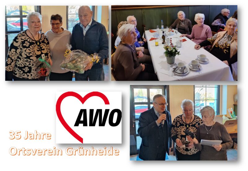 Grund zum Feiern: Der AWO-Ortsverein hat seinen 35. Geburtstag im Gasthof Paesch in Spreenhagen gefeiert. Vorsitzende Friederike Strangmüller dankte den Gründungsmitgliedern Ingeborg und Heinz Friedrich (Foto oben links/von links). Christian Wende-Szepes, Geschäftsführer des Kreisverbandes Fürstenwalde, überreichte zudem Katharina Kiehl (Foto unten/links) eine Ehrenplakette und Blumen. Fotos: Roland Strangmüller/Montage: Anke Beißer