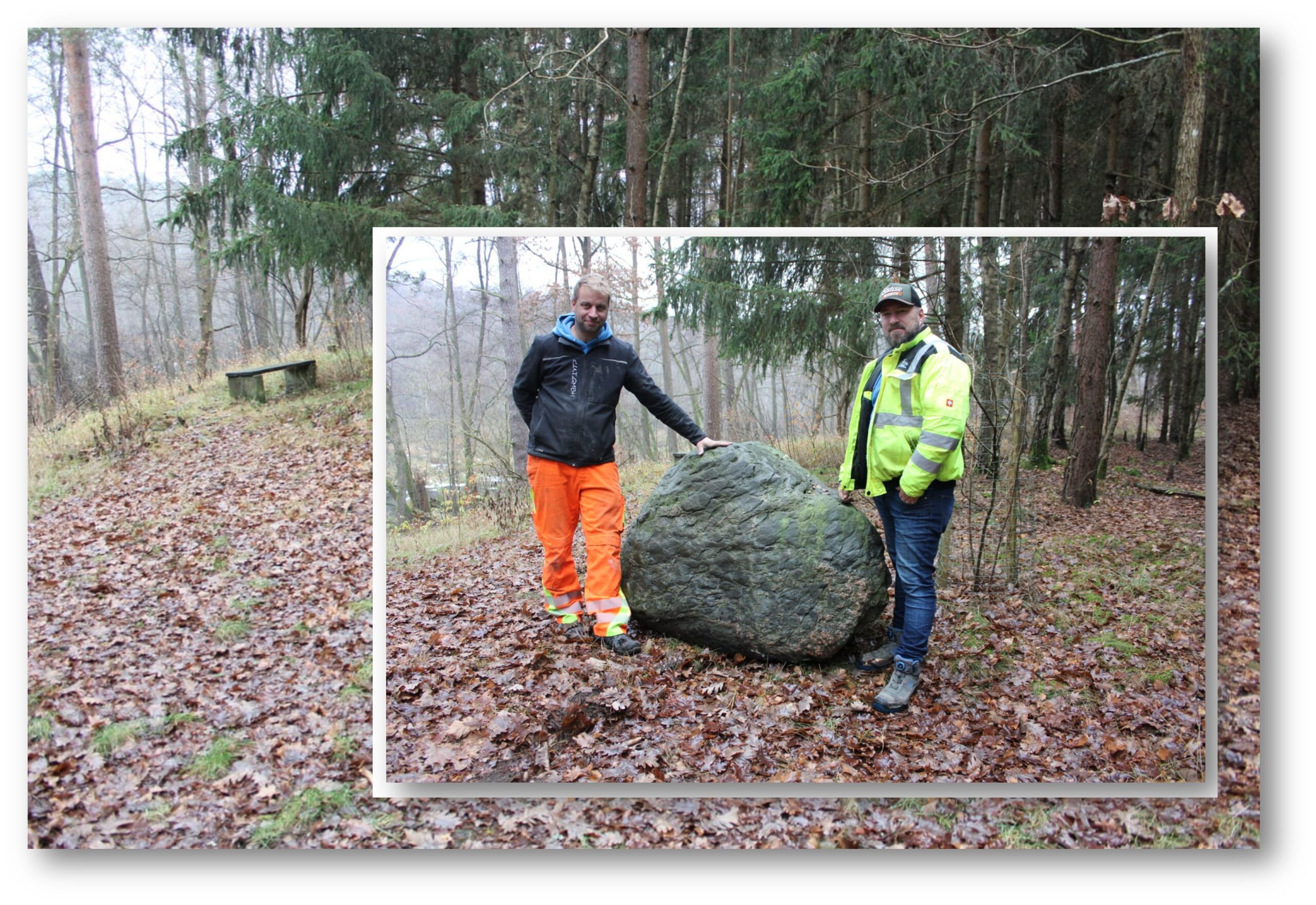 Es ist vollbracht: CUT-Betriebsleiter Mathias Papke (rechts) und sein Mitarbeiter Matthias Gahr posieren als erste an der künftigen Erinnerungsstelle für die Fontane-Kiefer. Fotos: Uwe Werner/Montage: Anke Beißer