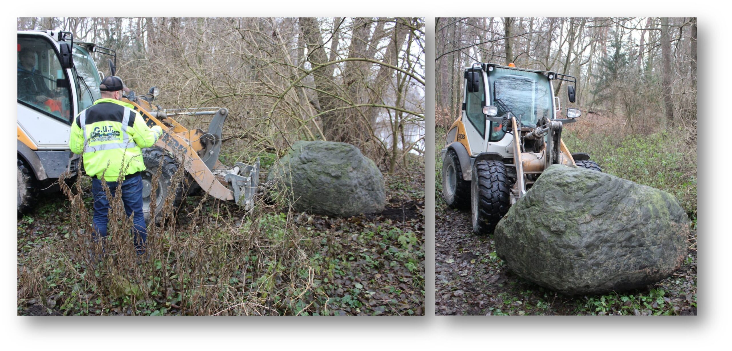 Schwerstarbeit: Der 3,2 Tonnen schwere Stein wurde am Ufer des Möllensees aufgeladen und vom Containerdienst ins Löcknitztal gefahren. Fotos: Uwe Werner/Montage: Anke Beißer
