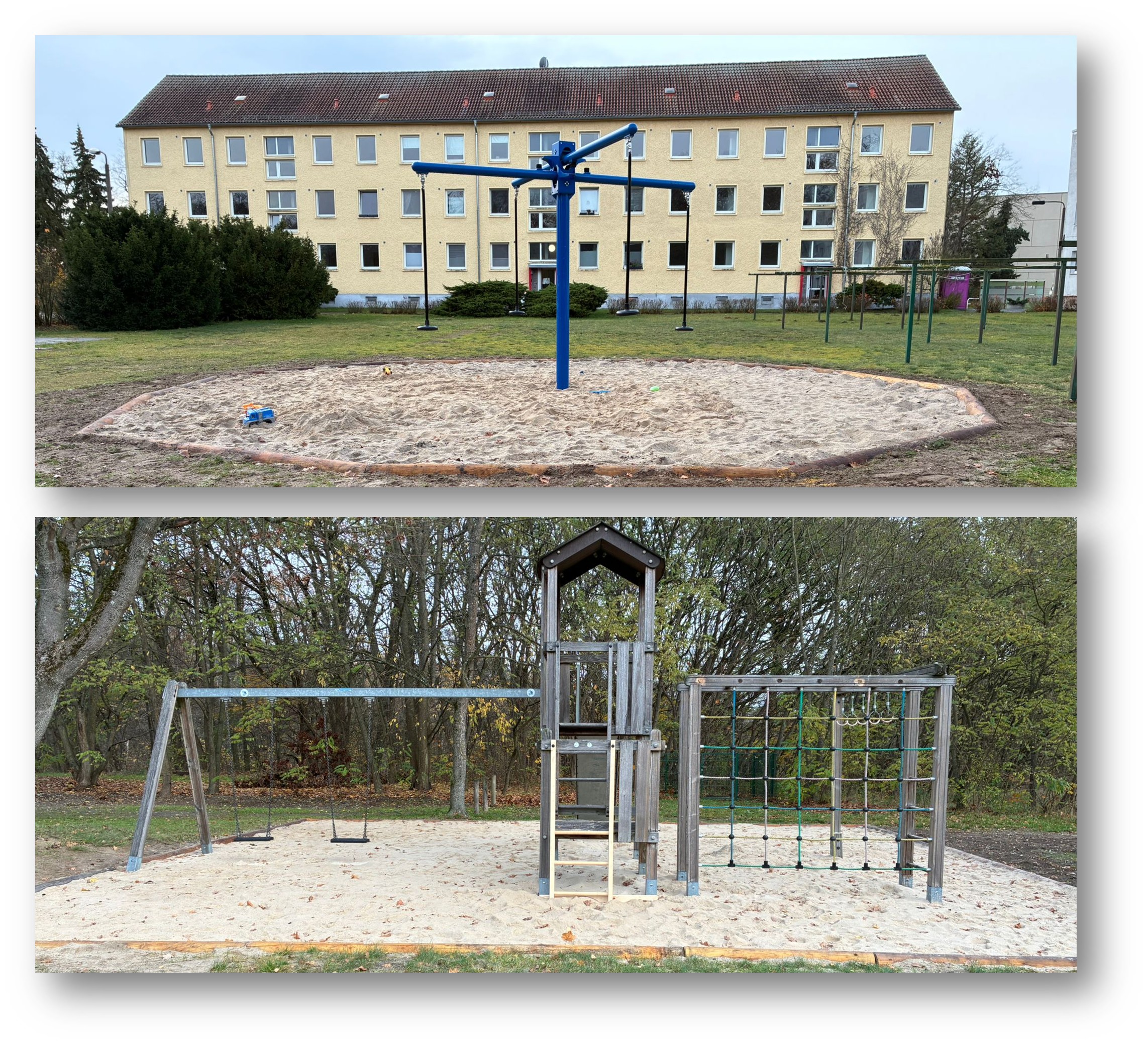 Frischer Sand: Hinter den Blöcken in der Kienbaumer Puschkinstraße wurde der Boden ausgetauscht und die Umrandung neu gesetzt. Fotos: Katrin Erfurth/Montage: Anke Beißer