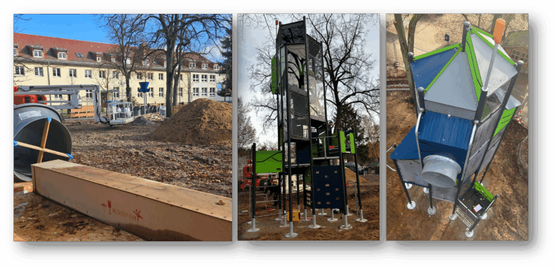 Bald Abenteuer in luftiger Höhe: Mitten auf dem Löcknitzcampus wird ein Rutschenturm aufgebaut. In den Herbstferien wurde damit begonnen (links). Inzwischen hat er Halt auf dem ausgehärteten Fundament gefunden. Fotos: Anke Beißer, Pauline Thiel, Katrin Erfurth/Montage: Anke Beißer
