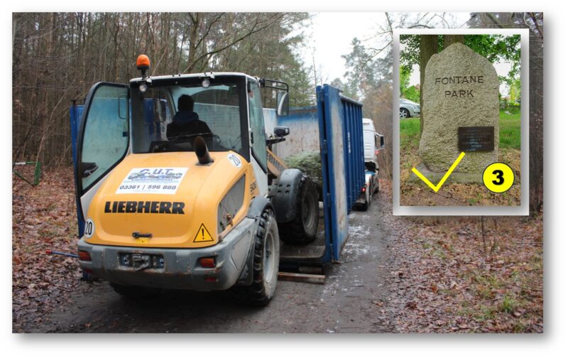 Gedenkstein rückt näher: Die Grünheider hatten sich einen Findling (siehe Beispiel kleines Foto) als Erinnerung an die umgestürzte Fontane-Kiefer im Löcknitztal gewünscht. Jetzt wurde der Stein im Bauch eines Containers an Ort und Stelle gehievt. Fotos: Uwe Werner/Montage: Anke Beißer