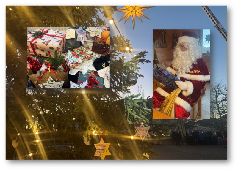 Mehr als Schmuck: Der Weihnachtsbaum auf dem Markplatz Grünheide wird am ersten Advent wieder zum Wunschbaum. Fotos: Inga Haustein/Montage: Anke Beißer