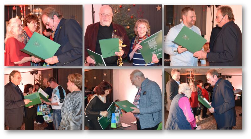 Die Vorsitzende der Gemeindevertretung, Pamela Eichmann, und Bürgermeister Arne Christiani bei ihrer Danksagung: an Christiane Maleck, Rolf Exner, Hildegard Seidel, Alexander Schrot (obere Fotoreihe von links), Erna Lehmann, Burkhardt Teichert und Gerda Pfennig (untere Fotoreihe von links) – hier beispielhaft für die 33 Geehrten. Fotos/Montage: Anke Beißer