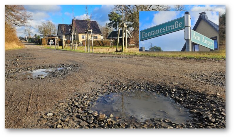 Schlaglöcher verschwinden: Der Ausbau der Fontanestraße in Hangelsberg soll in diesem Jahr über die Bühne gehen - ebenso wie der der parallelen Humboldtstraße. Fotos/Montage: Anke Beißer