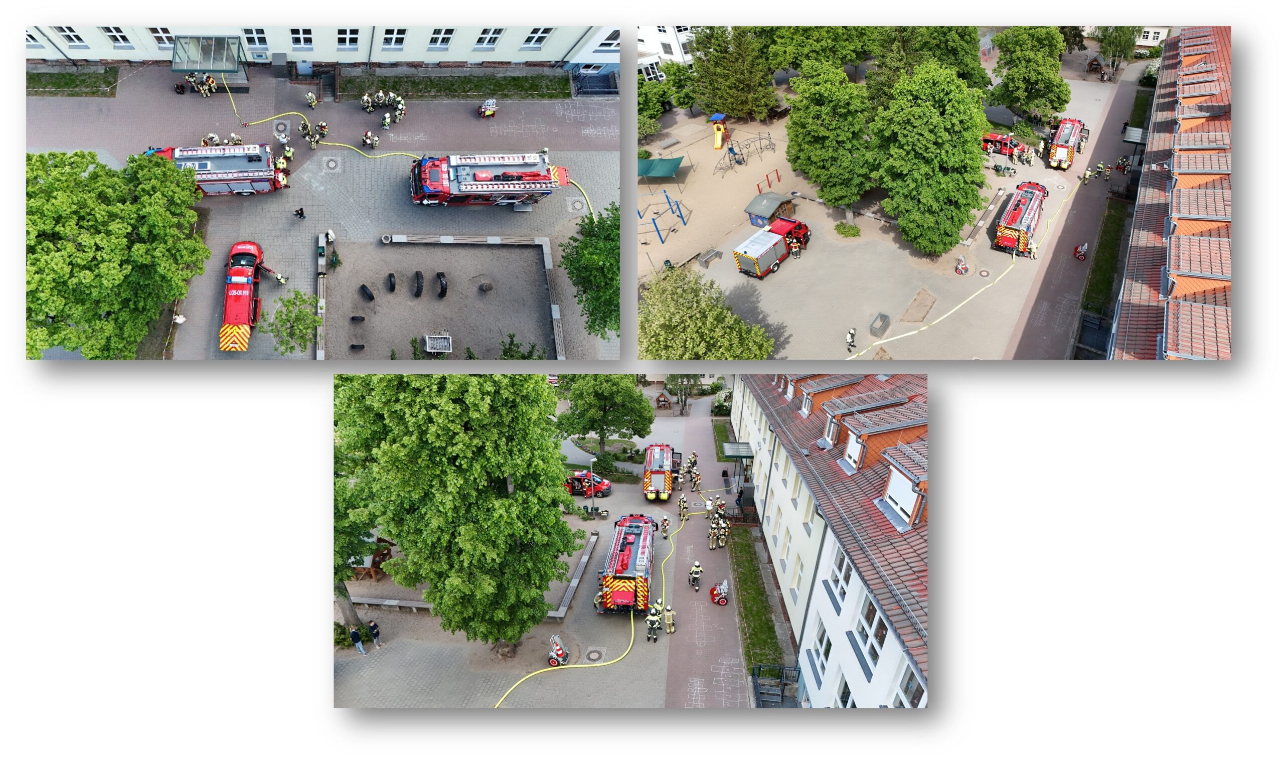 Alarm auf dem Löcknitzcampus: Die Einsatzkräfte der Ortswehren absolvierten im Mai ihre alljährliche Großübung. Sie wurde für Grundschule und Hort zur turnusmäßigen Evakuierungsübung. Foto: Marco Jonscher
