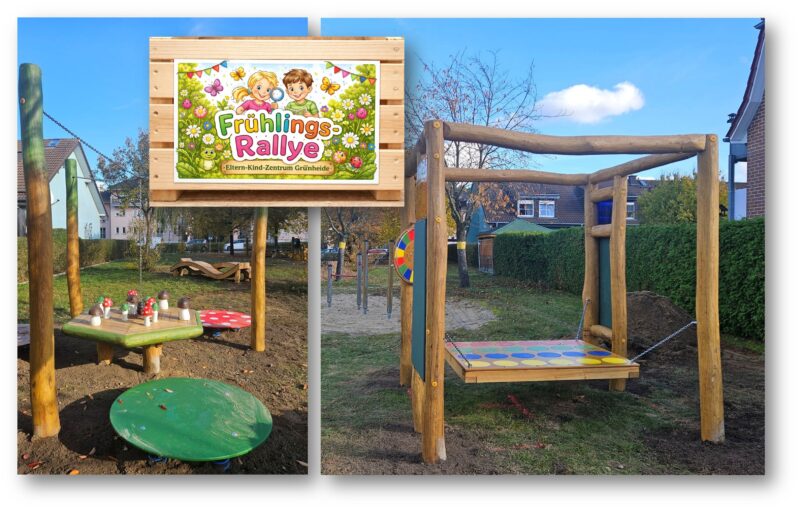 Auf Entdeckungstour durch Grünheide: Die Frühlingsrallye 2026 führt über acht Spielplätze im Gemeindegebiet. Startpunkt ist der Mönchwinkler Weg in Grünheides Ortsmitte. Fotos: Anke Beißer, Franziska Lubkoll/Montage: Anke Beißer