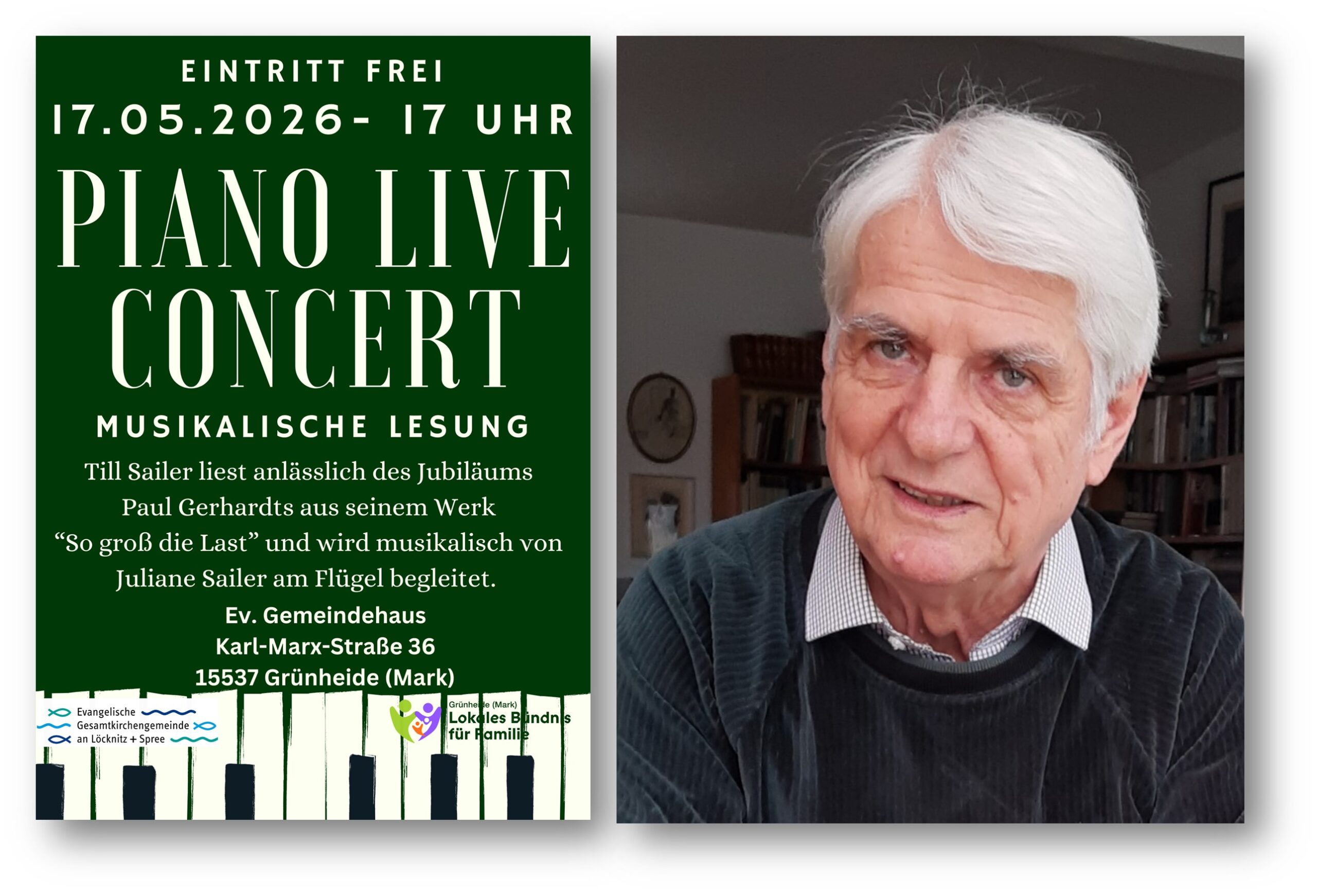 Vater-Tochter-Nachmittag: Till Sailer liest im Mai Paul Gerhardt (1607 bis 1676) und tritt so mit Julia Sailer am Klavier in einen Dialog aus Worten und Musik. Foto: Elke Lang/Montage: Anke Beißer