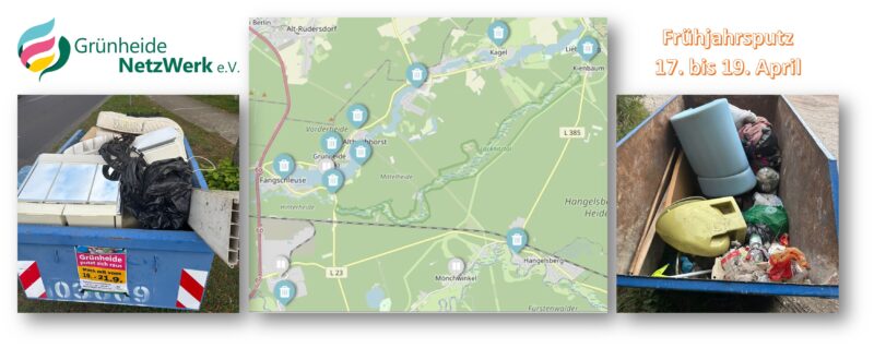 Nächste Putzaktion: Das GrünheideNetzWerk lädt diesmal vom 17. bis 19. April zum Müllsammeln ein. Fotos: Brit Oswald (GrünheideNetzWerk)/Montage: Anke Beißer