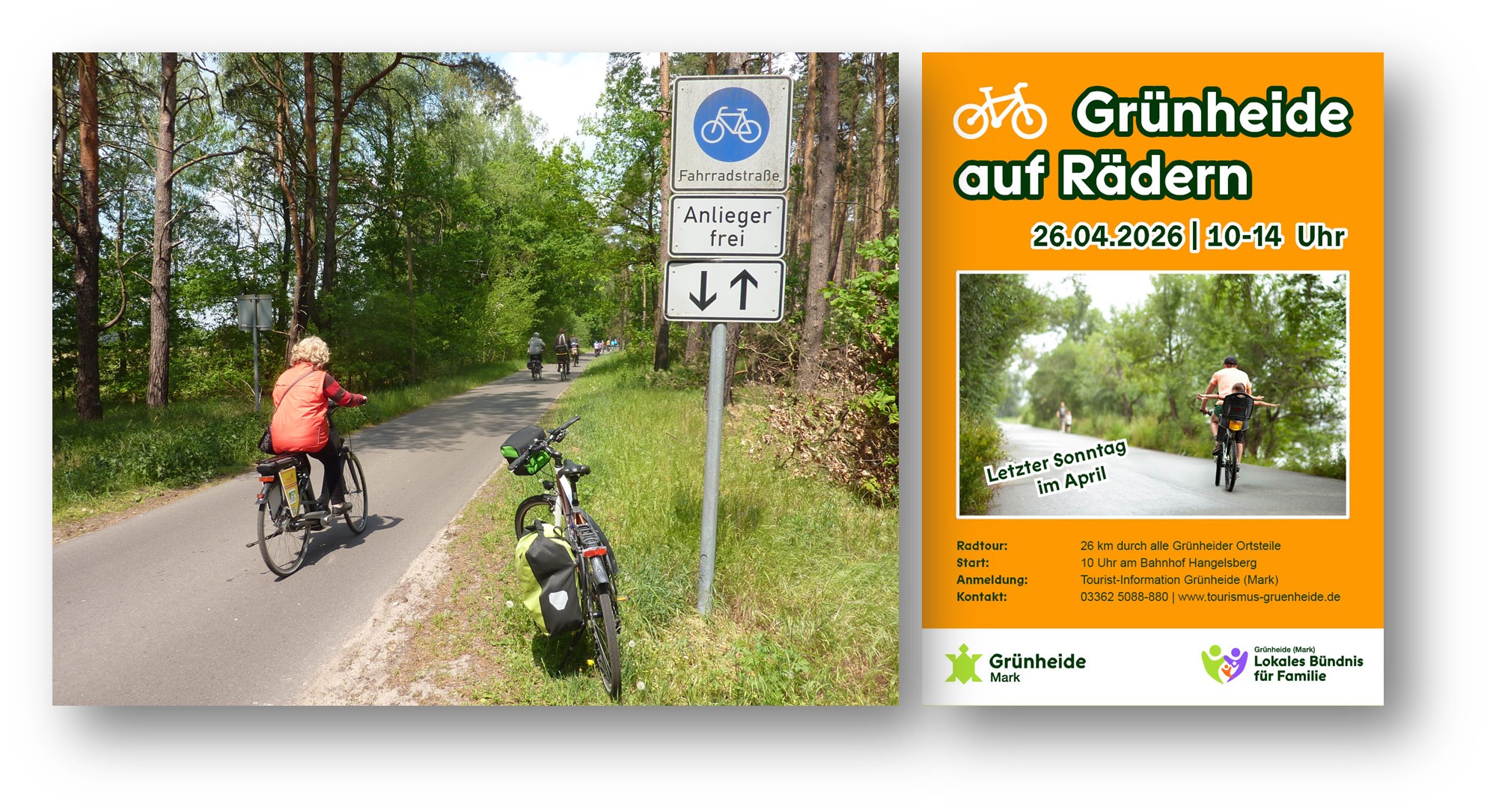Fahrradfahrer vor: die Grünheider Radwege sind bereit für die neue Saison. Foto/Grafik: Diana Nolander/Montage: Anke Beißer