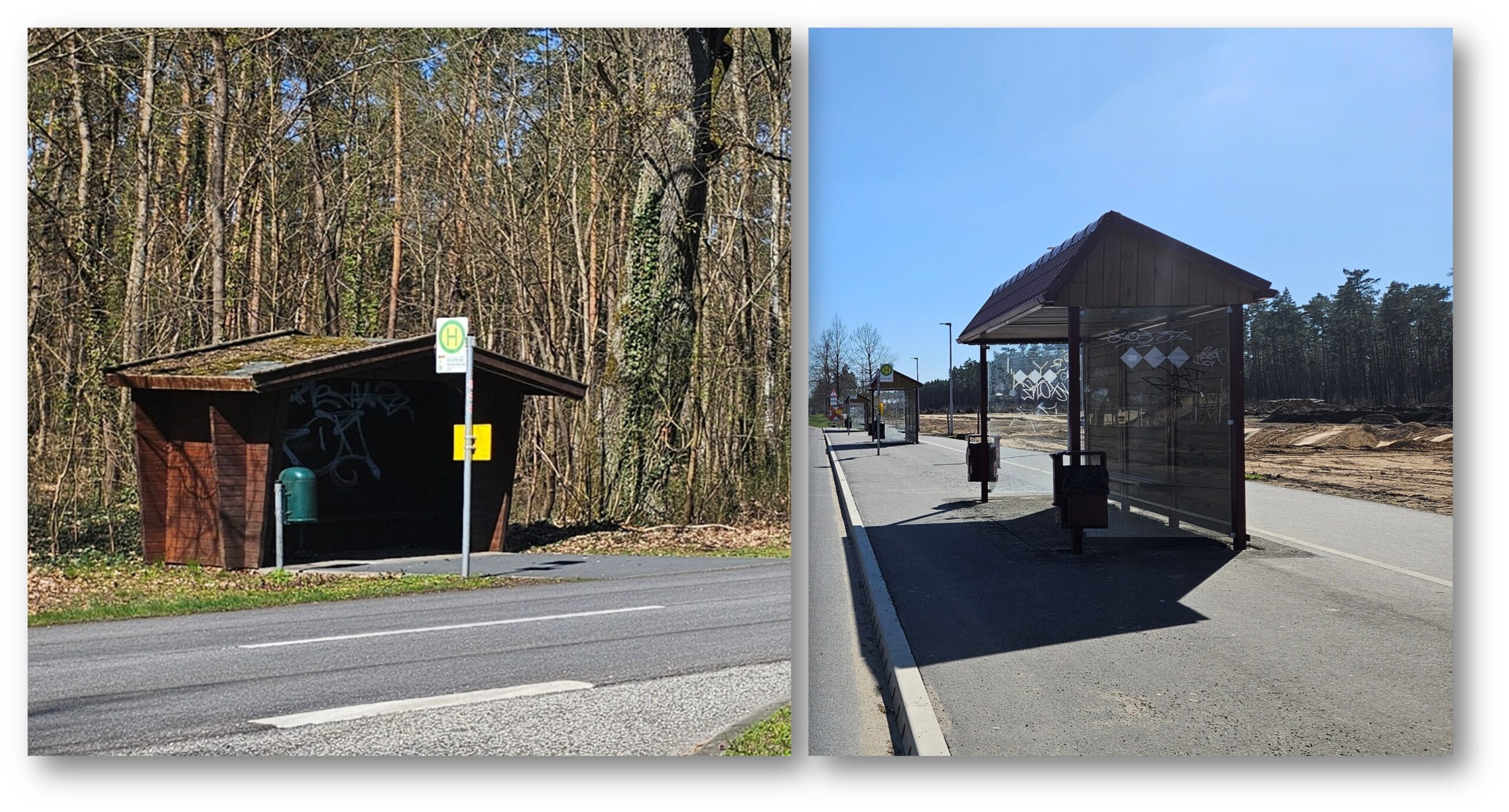 Ersatz: Das hölzerne Buswartehäuschen in Höhe Waldpromenade (Grünheide/Altbuchhorst) wird gegen eines vom Bahnhof Fangschleuse (rechts) ausgetauscht. Fotos/Montage: Anke Beißer