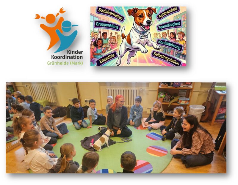 Besonderer Besuch in der Gerhart-Hauptmann-Grundschule: Juliane Müller (Mitte) hat mit ihrem Jack Russell Wilma in einem gemeinsam mit der Kinderkoordinatorin Stefanie Höhn (rechts) umgesetzten Projekt, Drittklässler und Hündin zusammengebracht. Foto/Montage: Anke Beißer