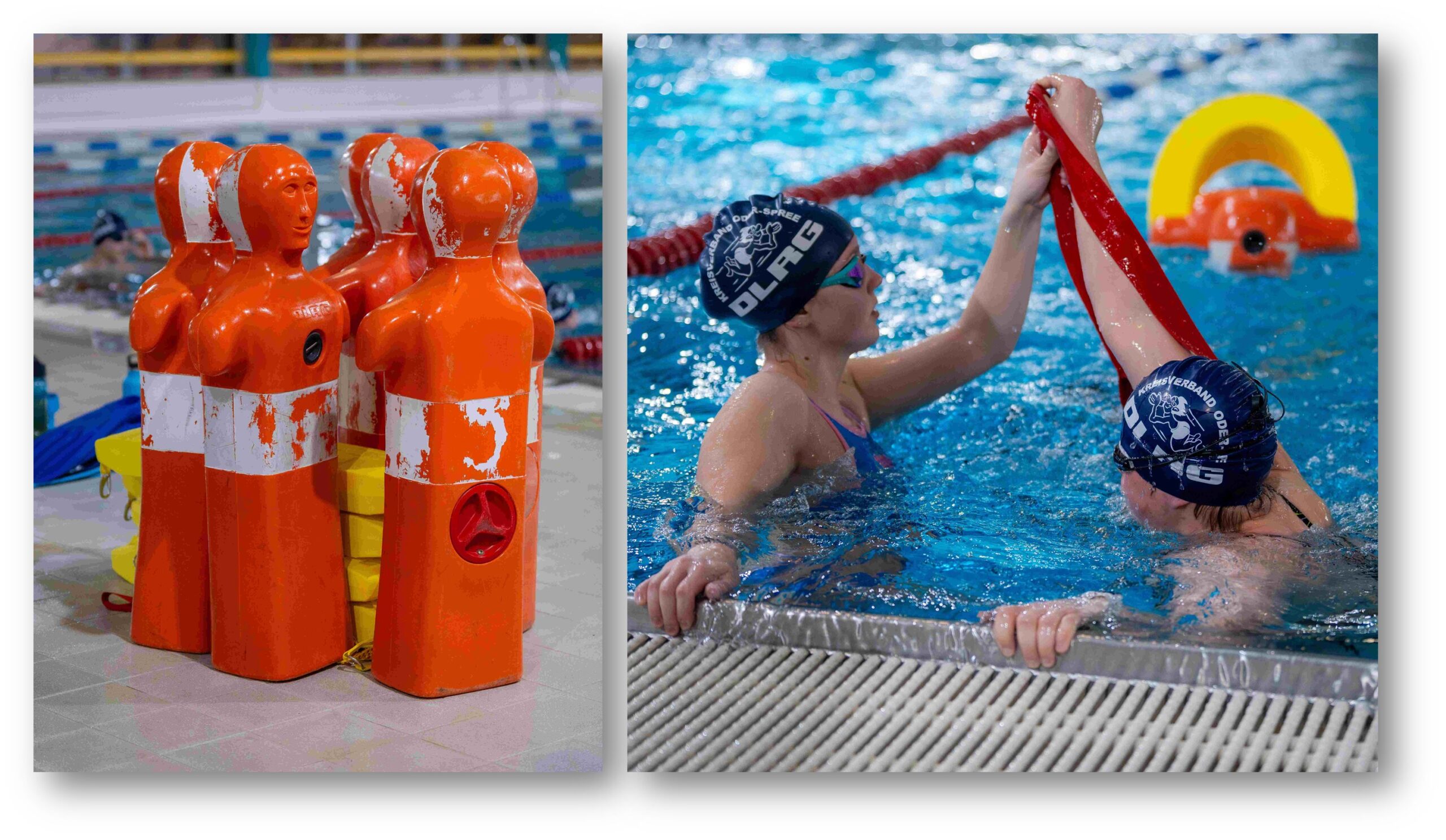 Beim Rettungssport kommen solche Puppen, die mit Wasser gefüllt ist und dann etwa 60 Kilogramm wiegt, in verscheiden Disziplinen zum Einsatz. Die Juniorinnen Gracia Nia Zimmermann und Tessa Rückert (von links) Foto: Michael Schülzke/Montage: Anke Beißer