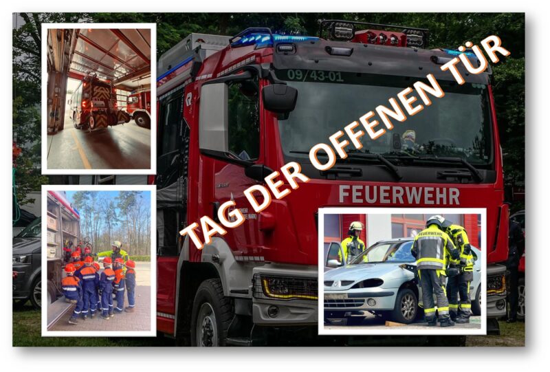 Tag der offenen Tür: Die Ortswehr von Grünheide lädt am Samstag (30. Mai) auf ihr Gelände Am Schlangenluch ein und verspricht einiges an spektakulären Aktionen. Foto: Karl Libbertz (3), Bluelightpicture.berlin/Montage: Anke Beißer