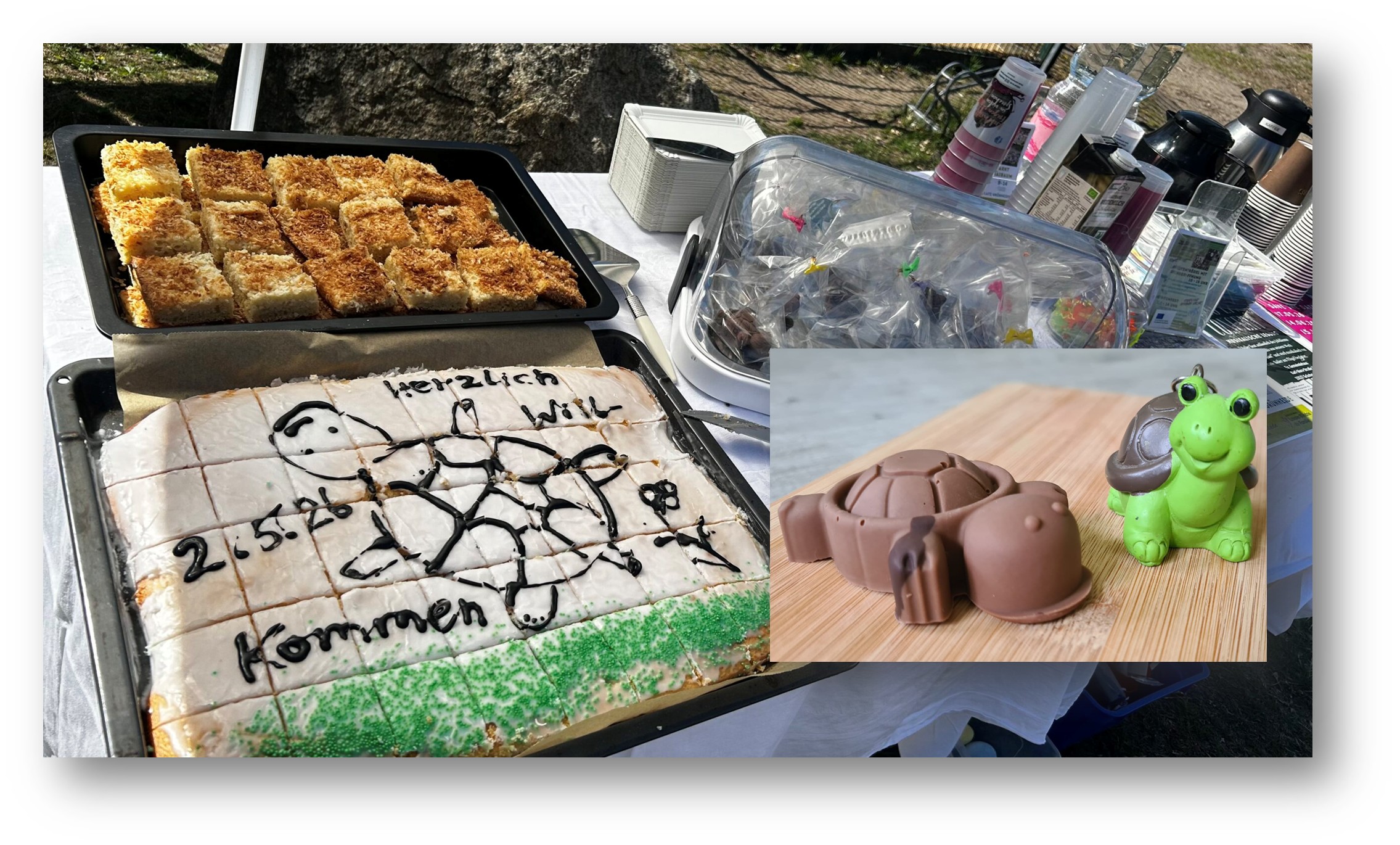 Herzlich Willkommen: Das Eltern-Kind-Zentrum steuerte Kuchen und Kaffee bei und hatte als kleine Überraschung Schoko-Schildkröten gegossen – natürlich zum Verzehr geeignet. Fotos: Pauline Thiel/Heike Falk