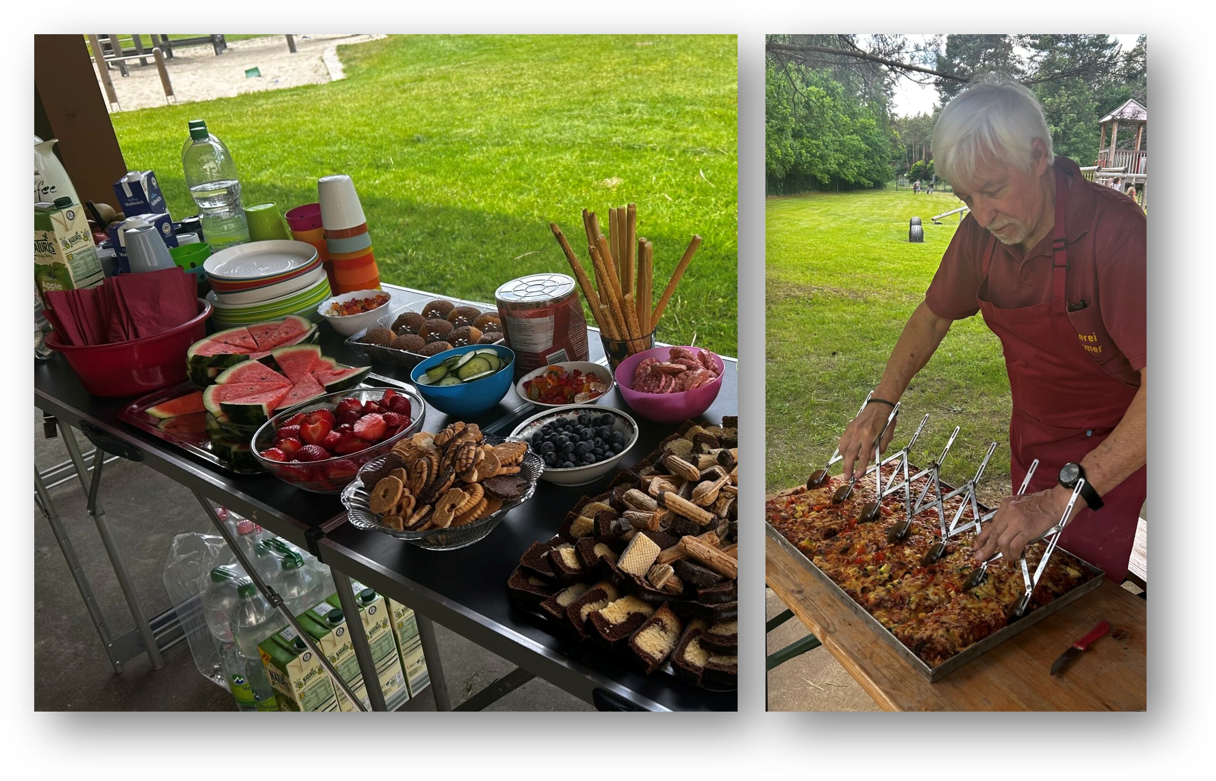 Nicht nur Pizza: Zwar war die italienische Köstlichkeit - hier portioniert von Bäckermeister Wolfgang Scharmer (rechtes Foto) - der Renner beim Fest, aber auch ein reichhaltig gefülltes Buffet wartete auf hungrige Mäuler. Foto: Pauline Thiel/Montage: Anke Beißer