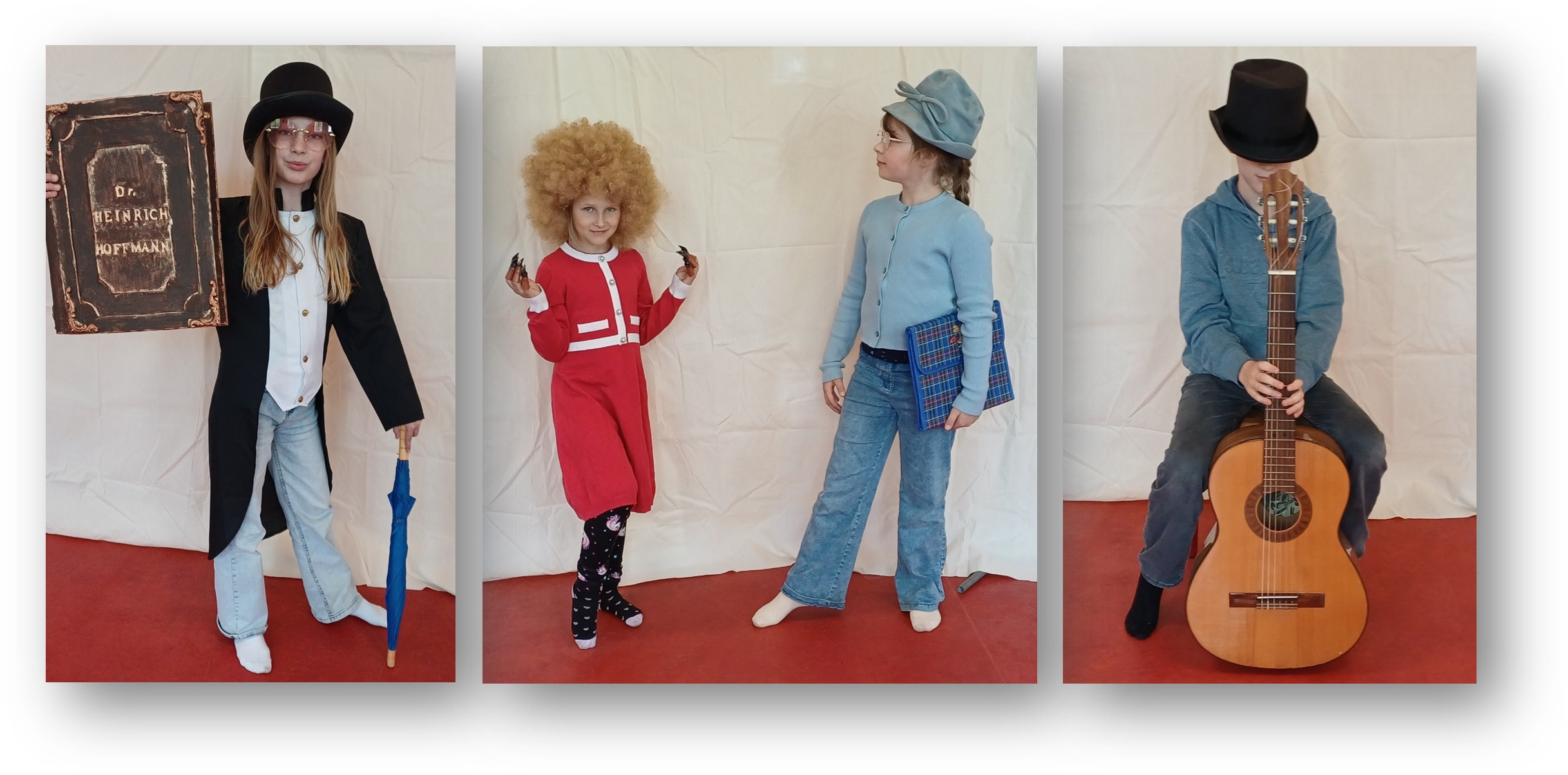 Sie allen lieben Musicals: Hannah (10, linkes Foto) war schon oft bei den Aufführungen dabei und ist diesmal sogar die Hauptdarstellerin. Der Struwwelpeter (Clara, mittleres Foto links) und Hans guck in die Luft (Florentina, beide 8) gehen voll und ganz in ihrer Rolle auf. Und Nico (9, rechtes Foto) ist der Gitarrenspieler, der Hannah durchs Stück begleitet. Fotos: Iris Maschlonkowski/Montage: Anke Beißer