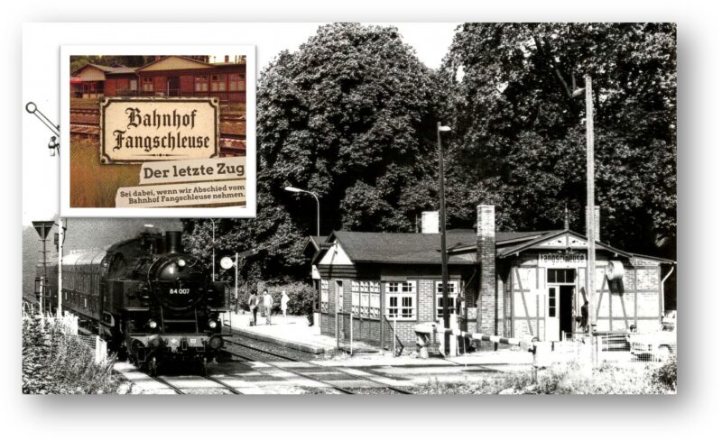 Abschied vom Bahnhof Fangschleuse: Bevor das historische Gebäude verschwindet laden der Ortsbeirat und der Heimatverein Grünheide zu einer Erinnerungsveranstaltung ein. Foto: Archiv Heimatverein Grünheide/Screenshot und Montage: Anke Beißer
