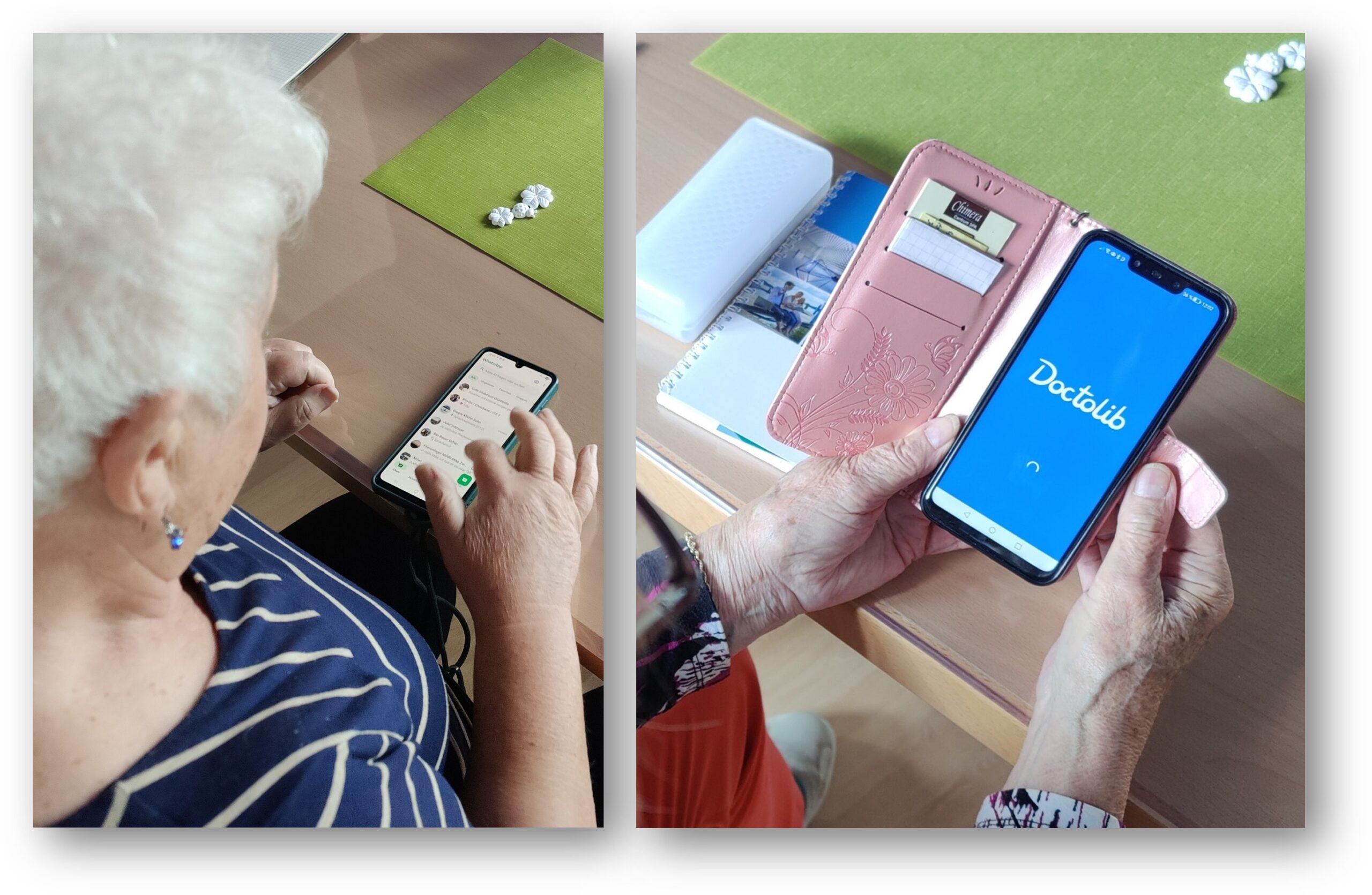 Für manche noch ein Buch mit sieben Siegel: Das Smartphone - der Alltagsbegleiter – ist für Senioren nicht immer leicht zu handhaben. Unsicherheit macht das Nutzen von Apps – wie den Messenger Whatsapp und Doctolib als Online-Plattform für Arzttermine – unnötig schwer. Fotos: Kerstin Wasmuth/Montage: Anke Beißer