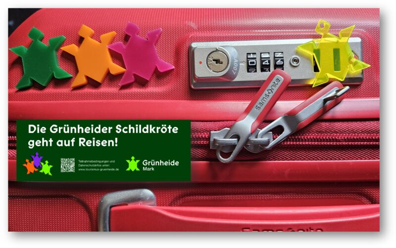 Will mit in den Koffer: Die kleine Grünheider Plastik-Schildkröte geht für den Fotowettbewerb zum Grünheider Kalender 2027 auf Reisen. Foto/Montage: Anke Beißer