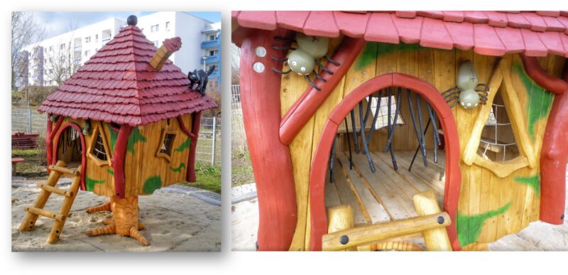 Die Vorfreude in Hangelsberg steigt: Die kommunale Kita Waldspatzen bekommt ein echtes Baba Jaga-Hexenhaus. Abbildung: Spielart Laucha/Montage: Anke Beißer